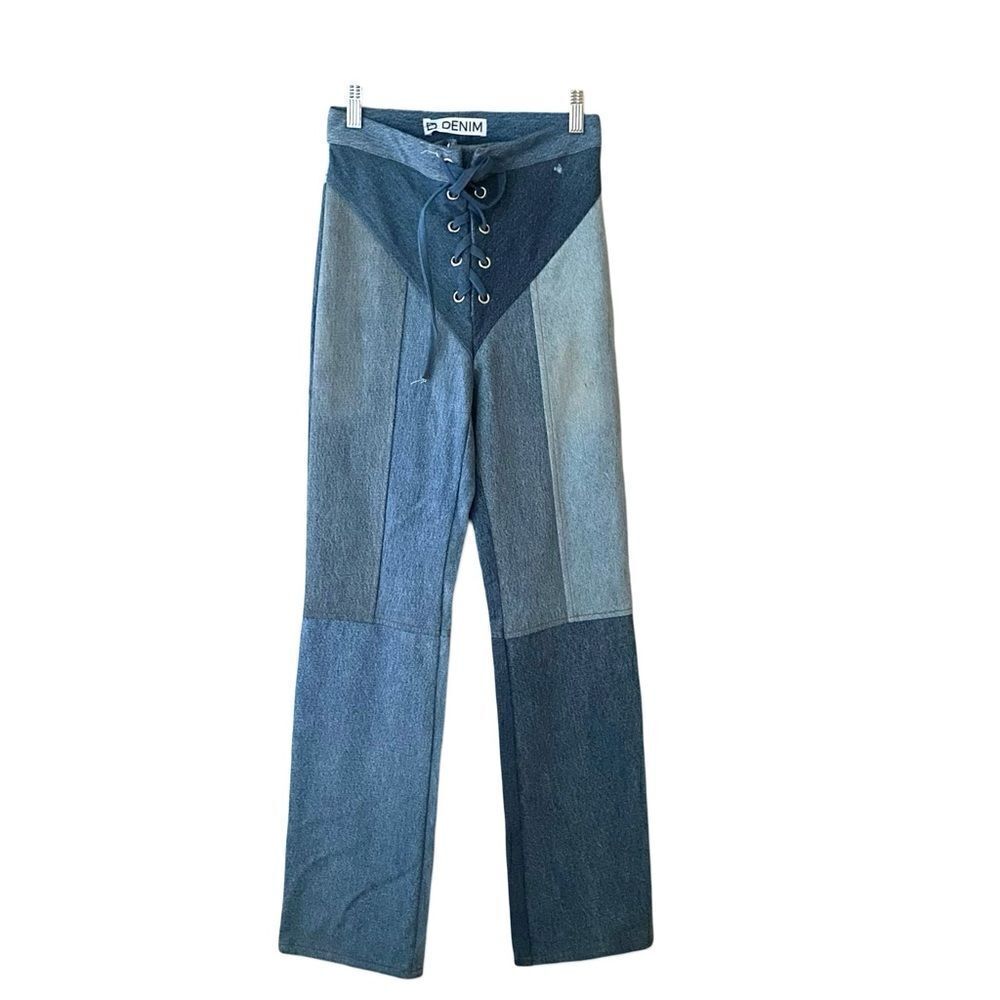 EB Denim Lace up jeans blue patchwork straight leg flares Revolve Sz 2 / S $385 - Picture 9 of 15